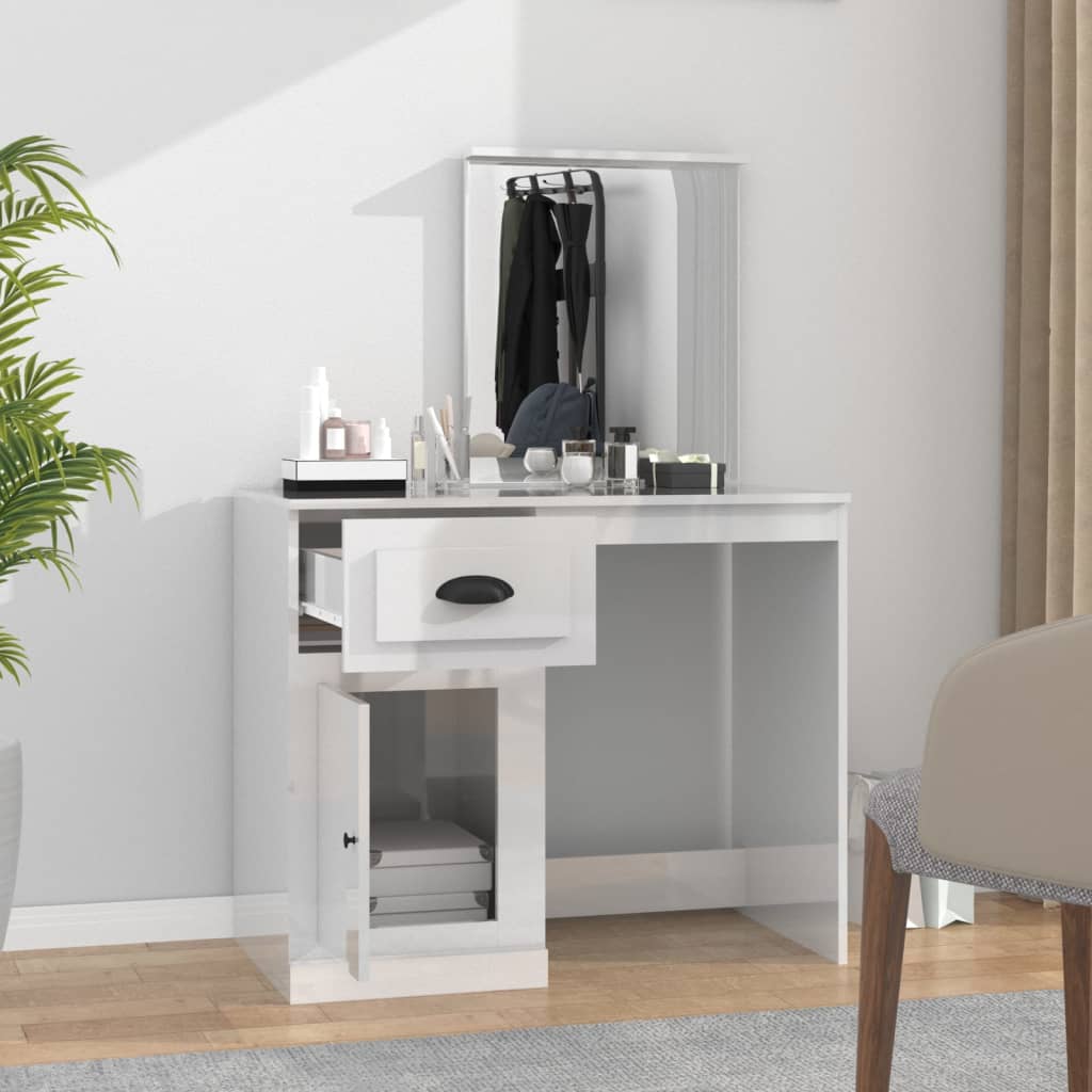 Dressing Table with Mirror High Gloss White 90x50x132.5 cm Engineered Wood