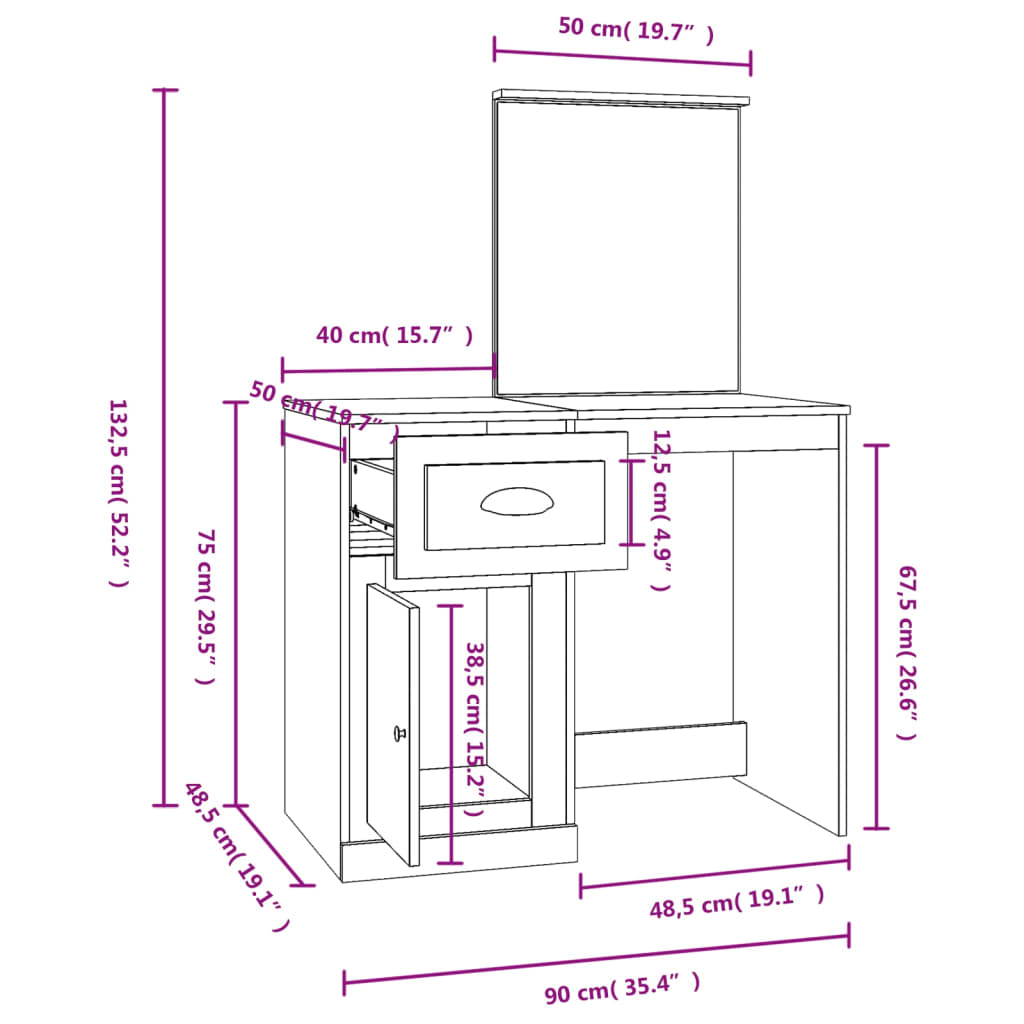 Dressing Table with Mirror Grey Sonoma 90x50x132.5 cm Engineered Wood