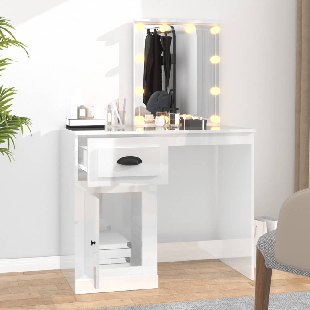 Dressing Table with LED High Gloss White 90x50x132.5 cm Engineered Wood