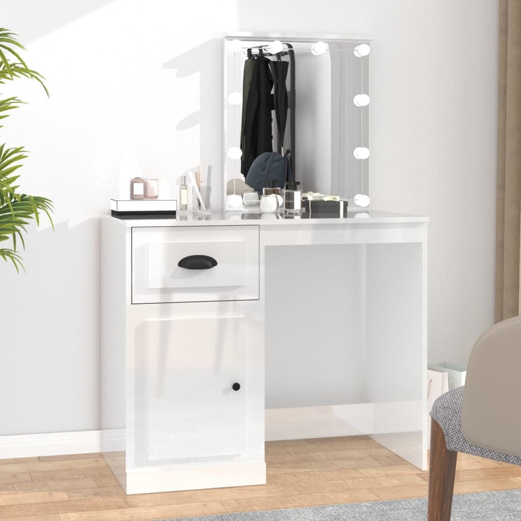 Dressing Table with LED High Gloss White 90x50x132.5 cm Engineered Wood