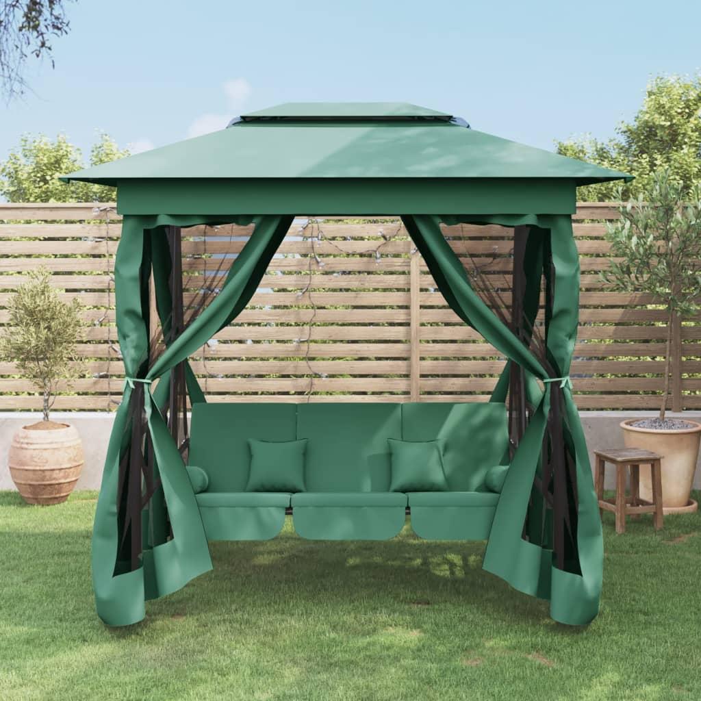 Garden Gazebo with Convertible Swing Bench Green Fabric&amp;Steel