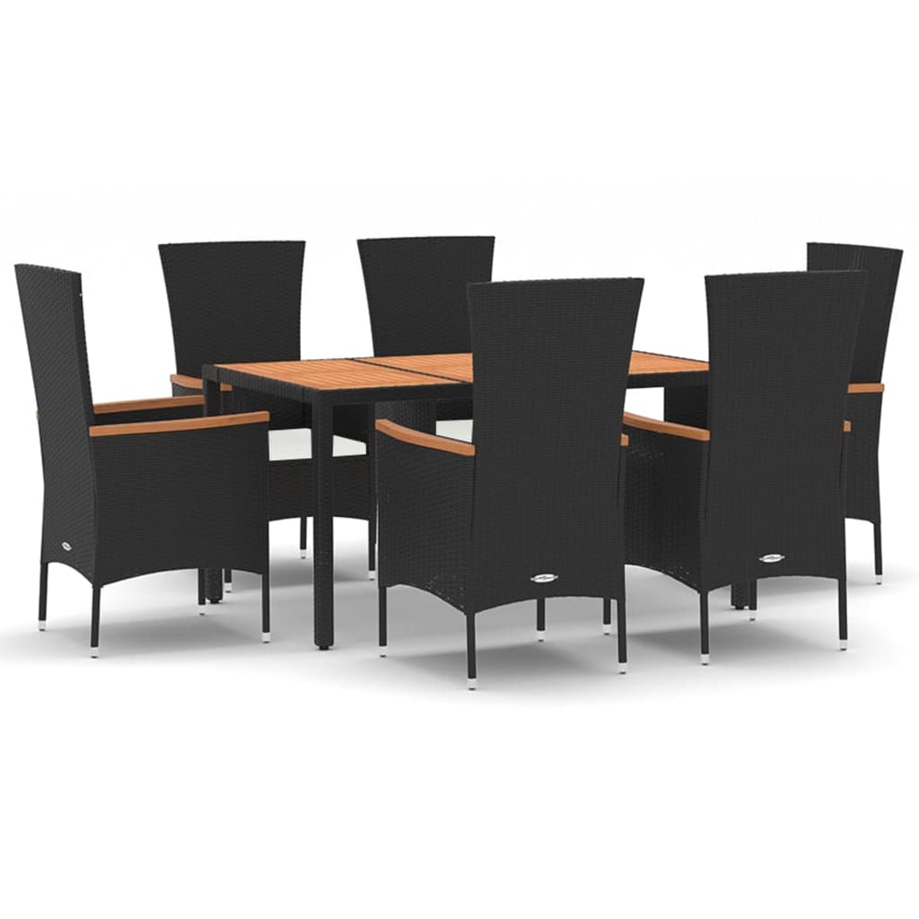 7 Piece Garden Dining Set with Cushions Black Poly Rattan