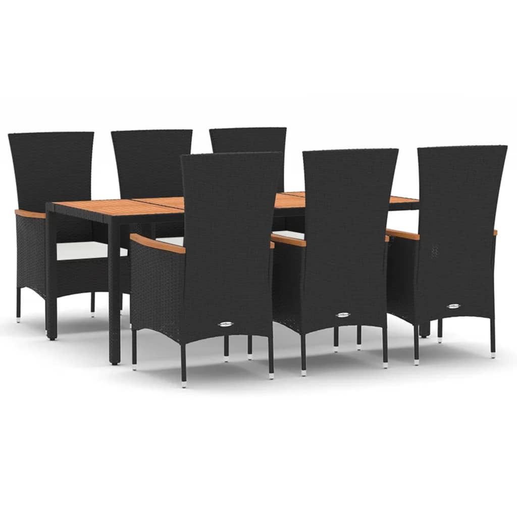 7 Piece Garden Dining Set with Cushions Black Poly Rattan