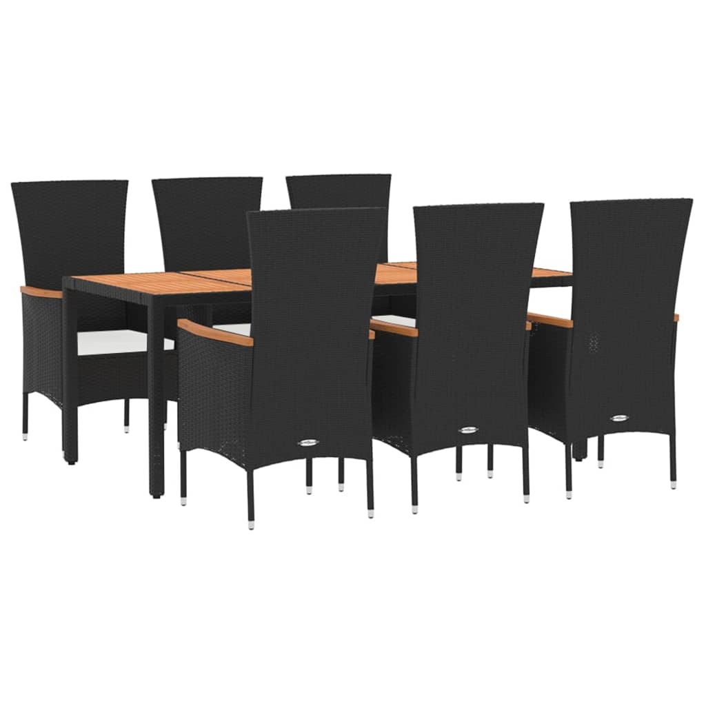7 Piece Garden Dining Set with Cushions Black Poly Rattan