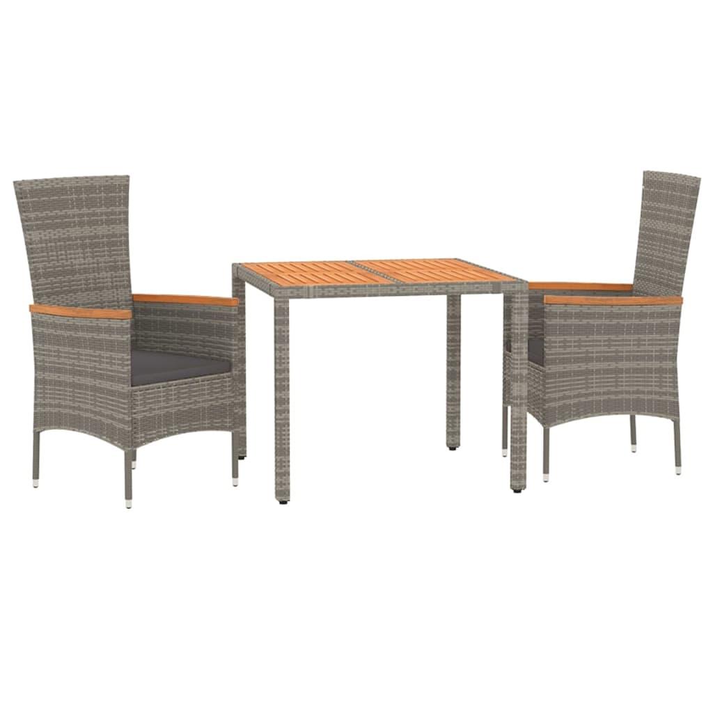 3 Piece Garden Dining Set with Cushions Grey Poly Rattan