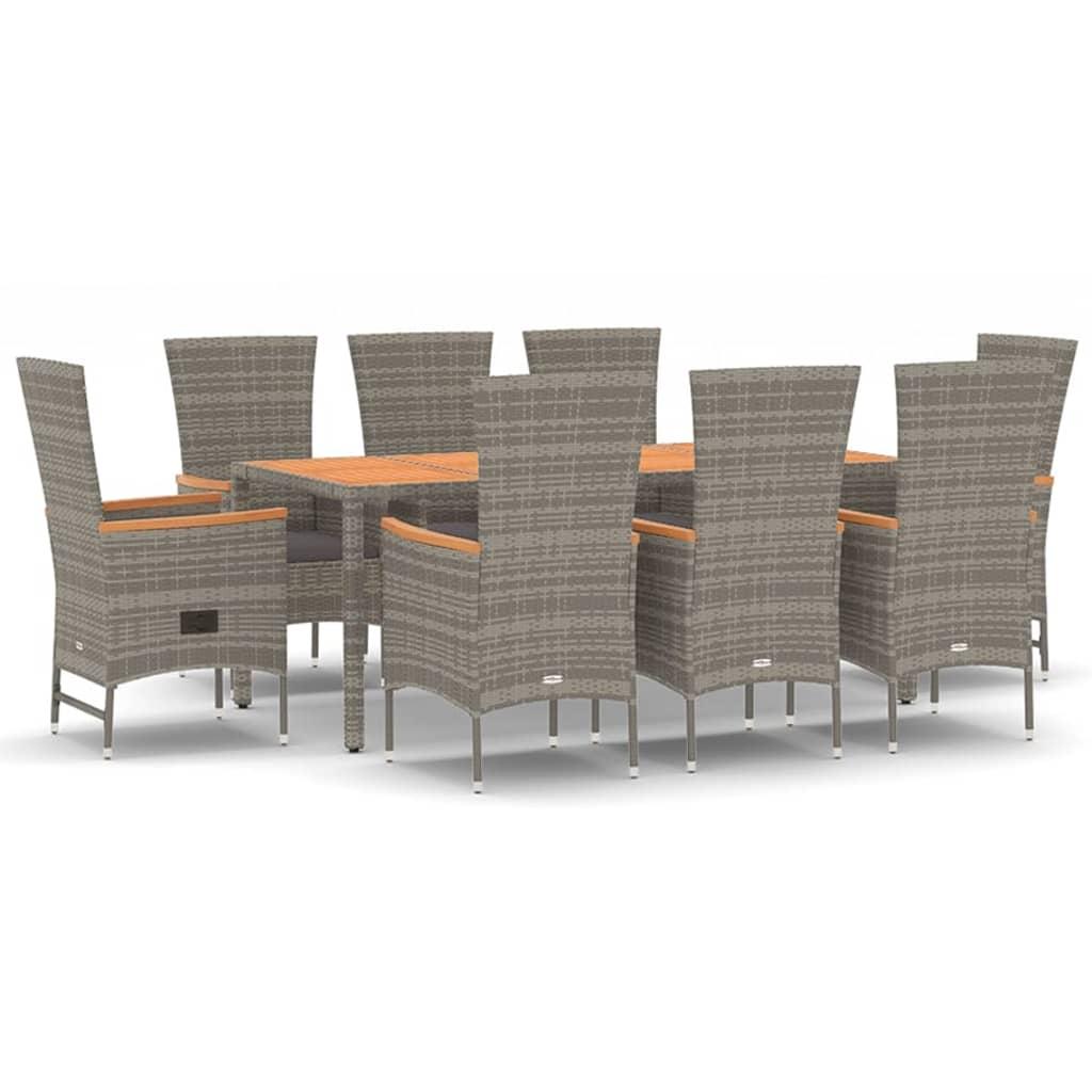9 Piece Garden Dining Set with Cushions Grey  Poly Rattan