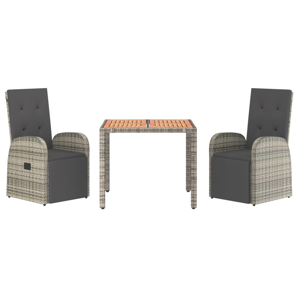 3 Piece Garden Dining Set with Cushions Grey Poly Rattan