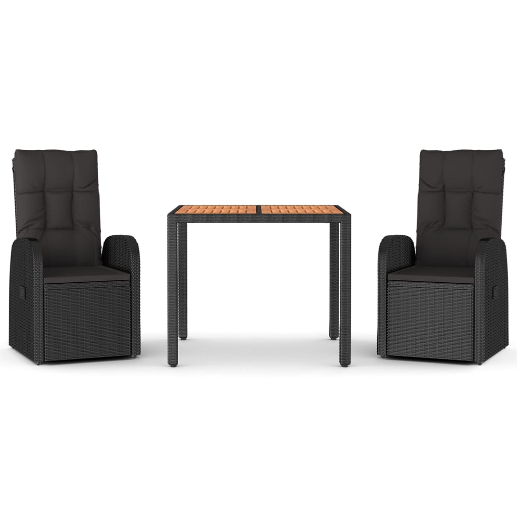 3 Piece Garden Dining Set with Cushions Black Poly Rattan