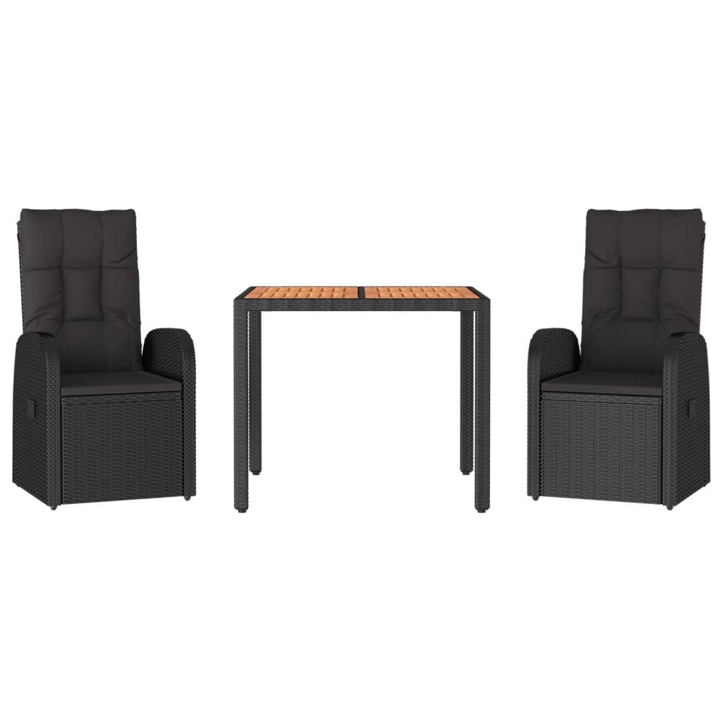 3 Piece Garden Dining Set with Cushions Black Poly Rattan