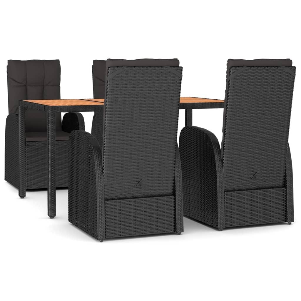 5 Piece Garden Dining Set with Cushions Black Poly Rattan