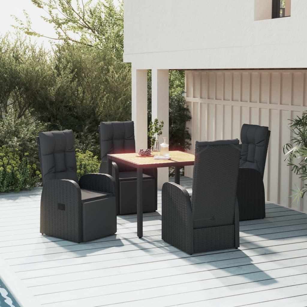 5 Piece Garden Dining Set Black Poly Rattan&amp;Solid Wood Acacia