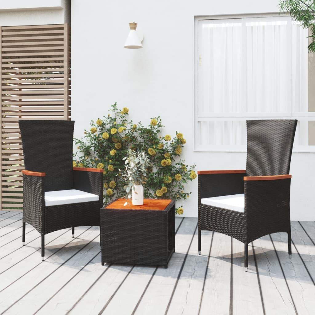 3 Piece Garden Lounge Set Black Poly Rattan&amp;Solid Wood Acacia