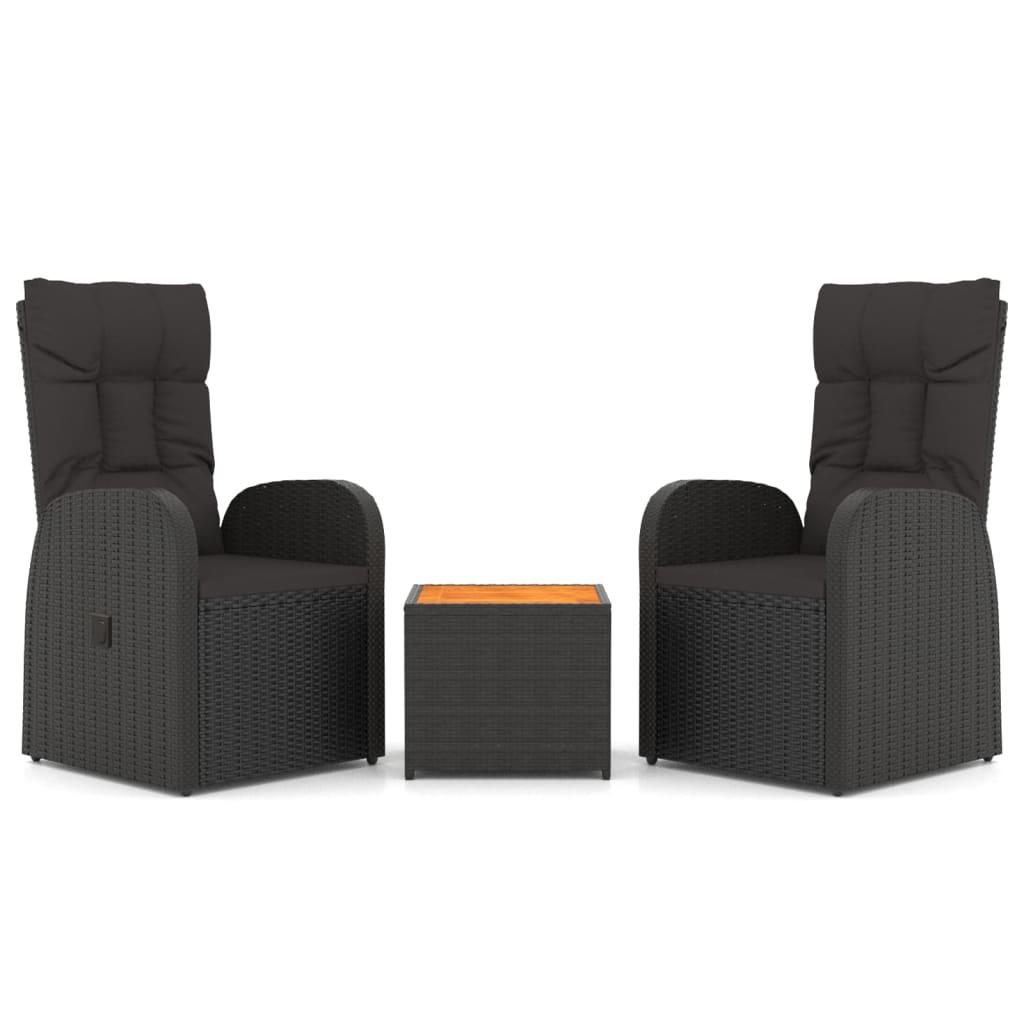 3 Piece Garden Lounge Set Black Poly Rattan&Solid Wood Acacia