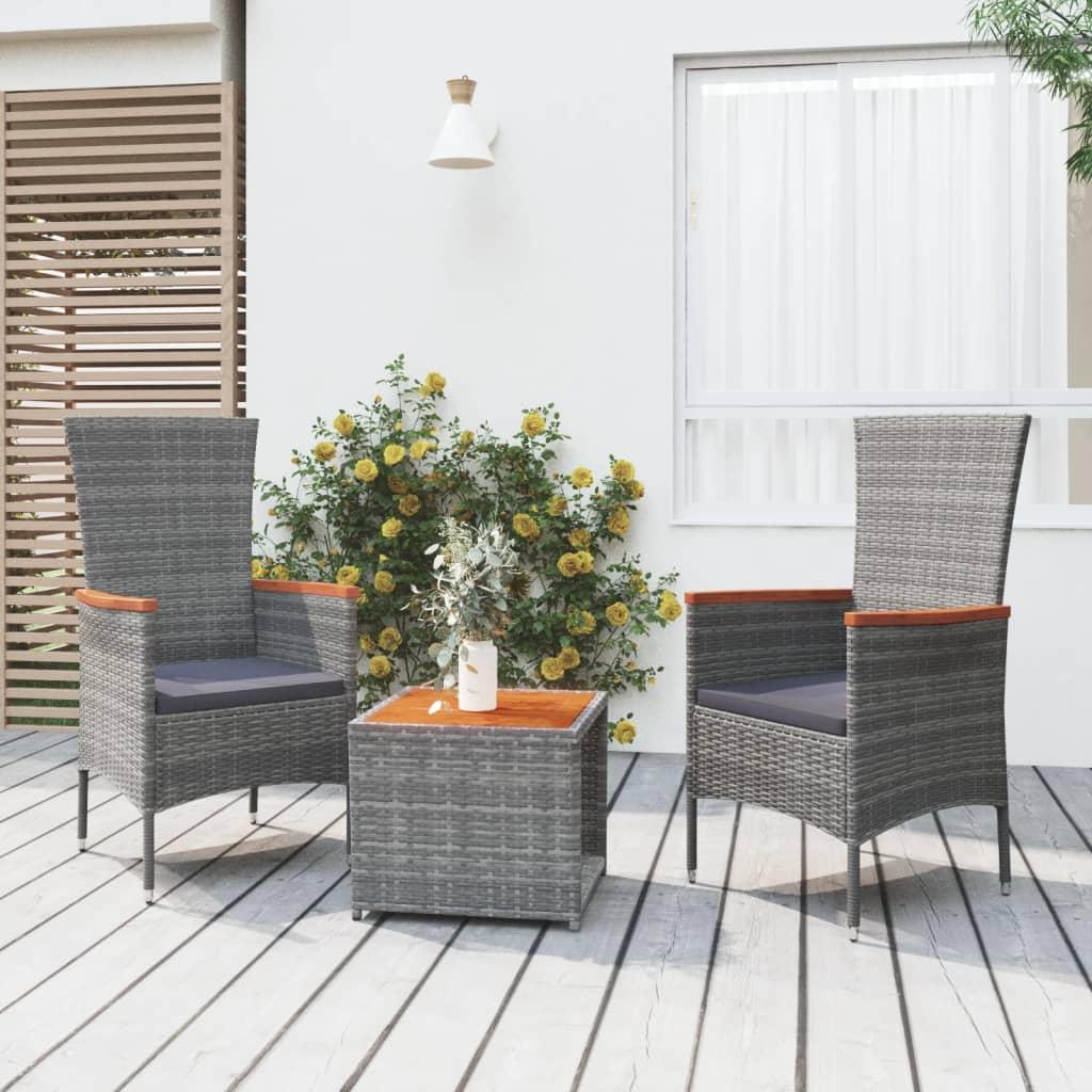 3 Piece Garden Lounge Set Grey Poly Rattan&amp;Solid Wood Acacia