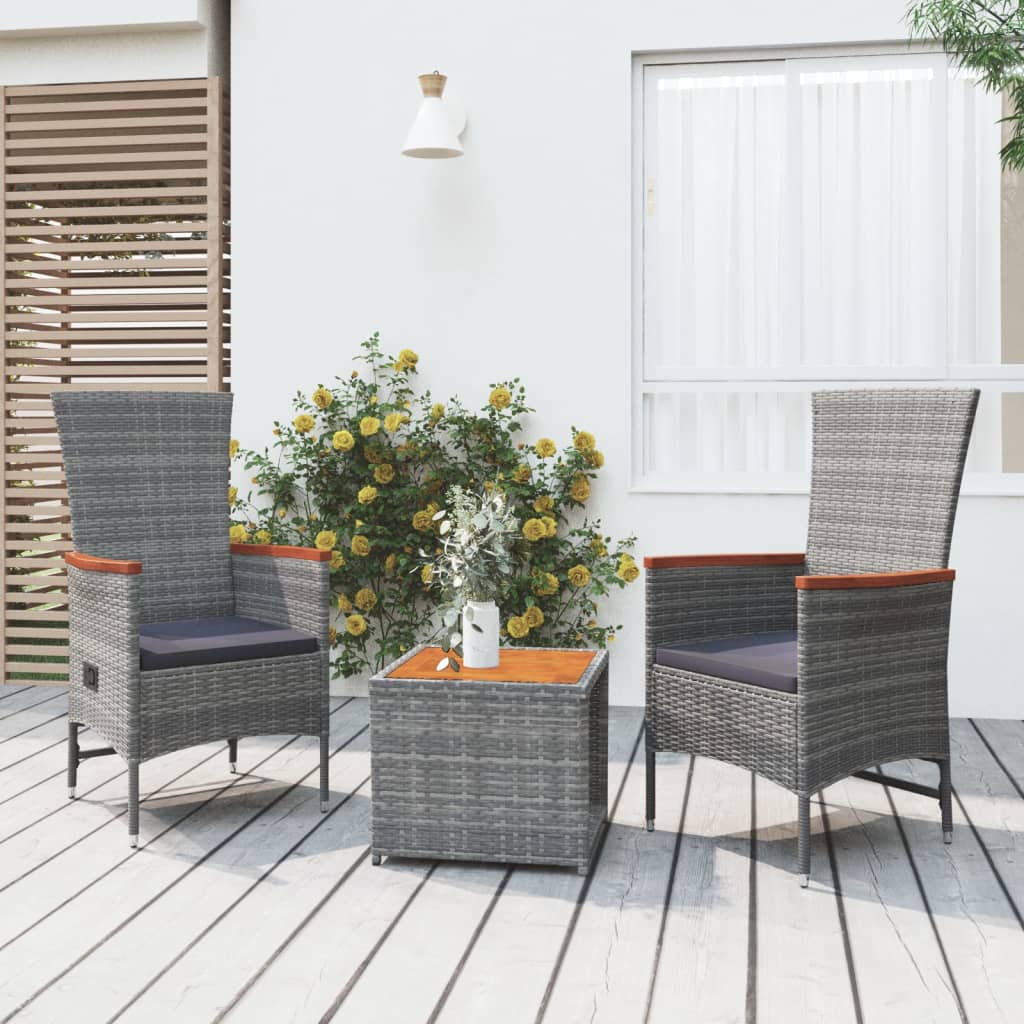 3 Piece Garden Lounge Set Grey Poly Rattan&amp;Solid Wood Acacia