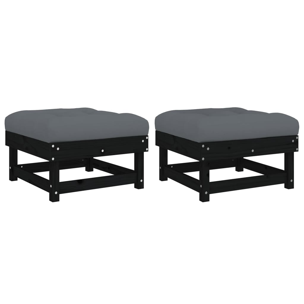 Garden Footstools with Cushions 2pcs Black Solid Wood Pine