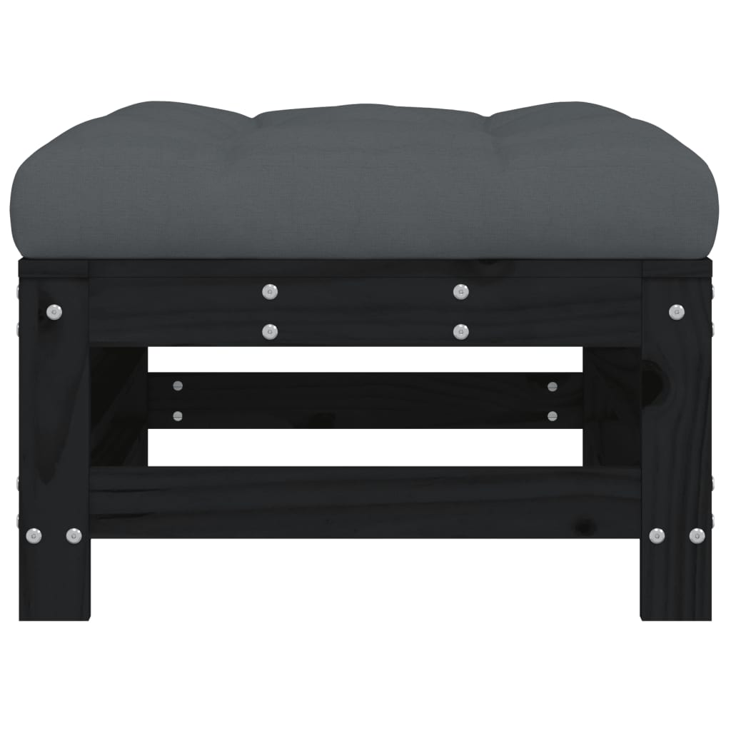 Garden Footstool with Cushion Black Solid Wood Pine