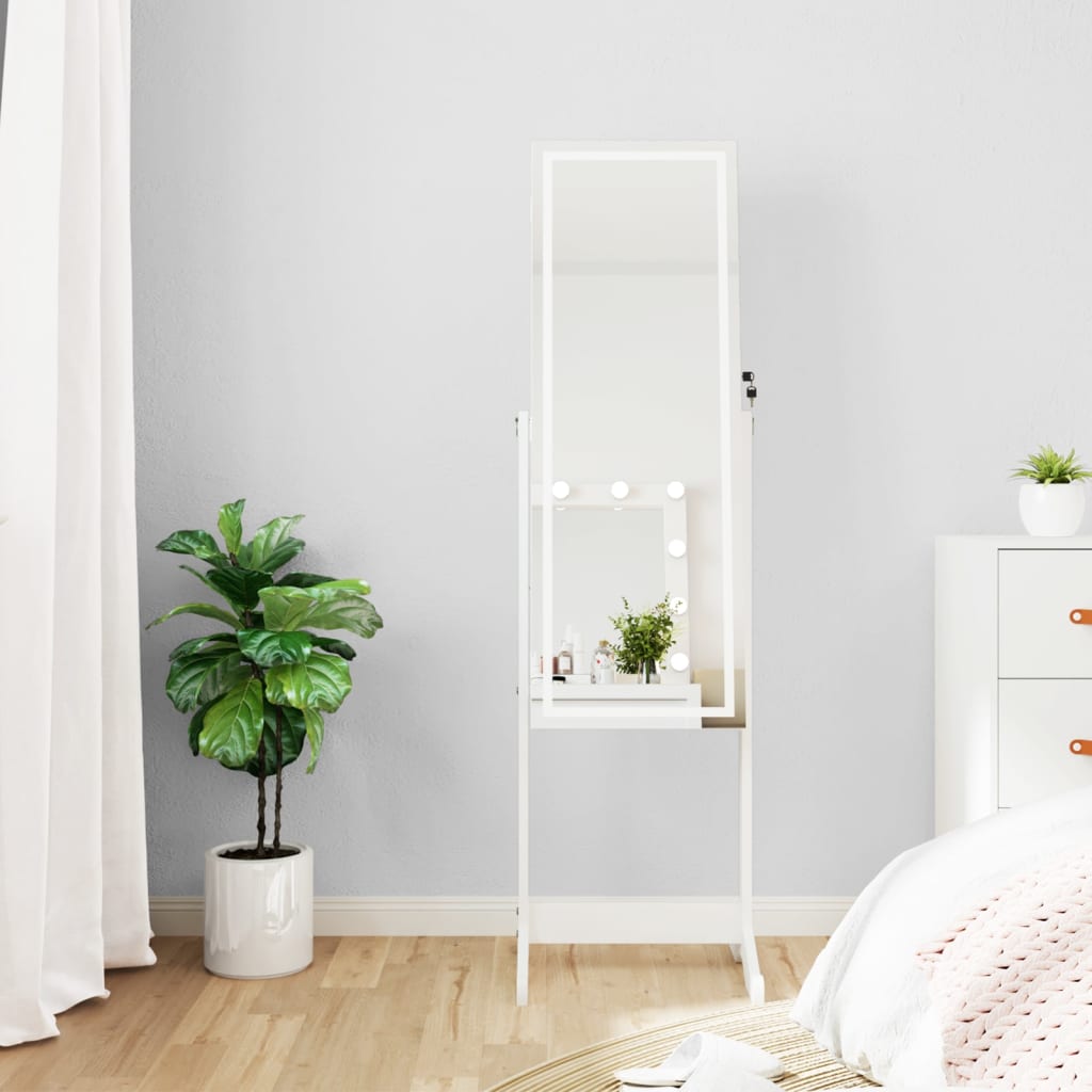 Mirror Jewellery Cabinet with LED Lights Free Standing White