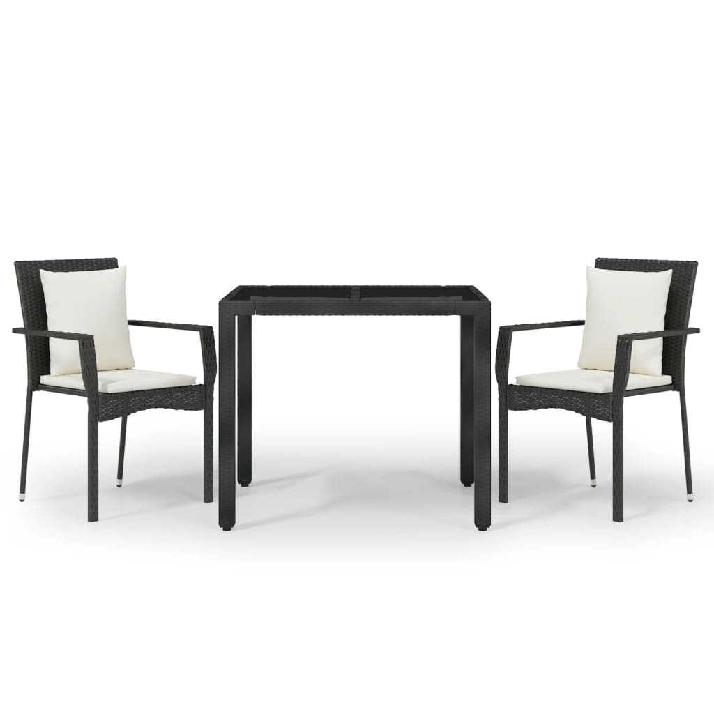 3 Piece Garden Dining Set with Cushions Black Poly Rattan