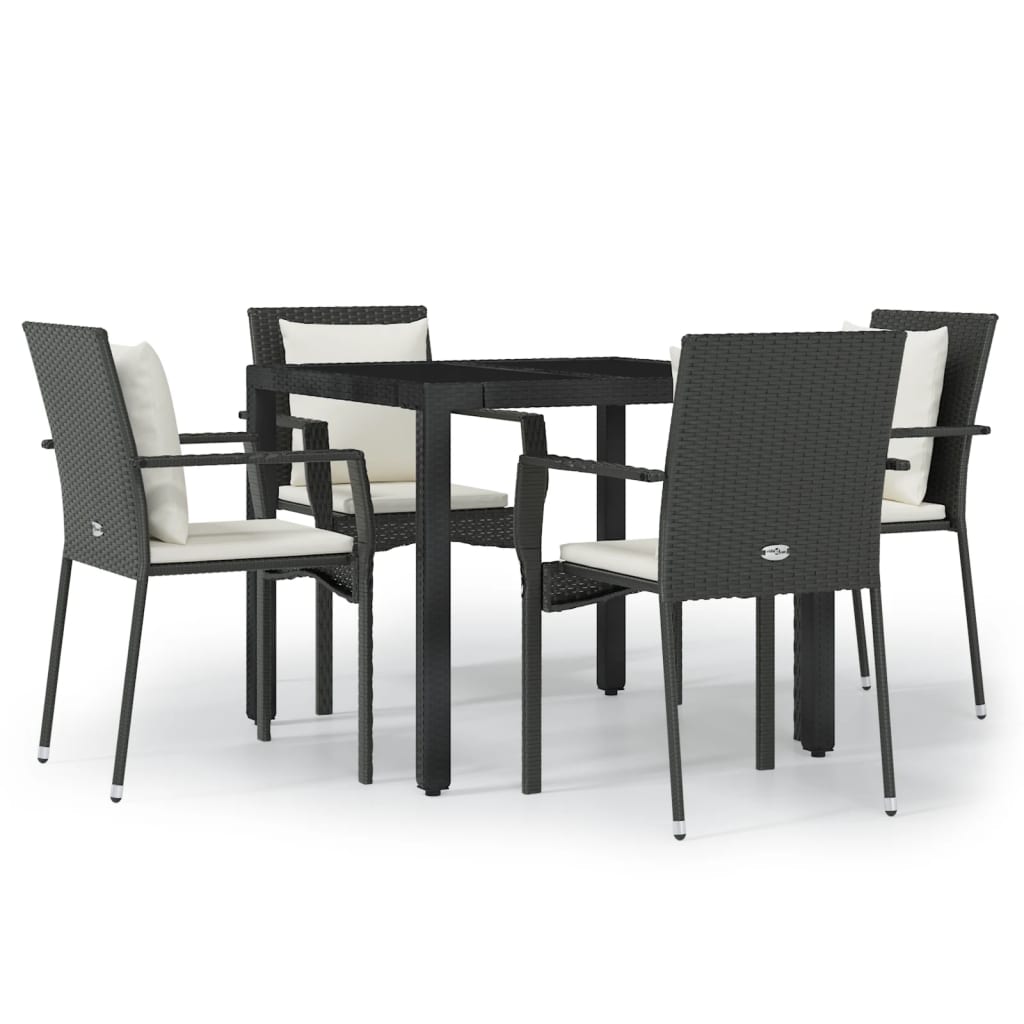 5 Piece Garden Dining Set with Cushions Black Poly Rattan