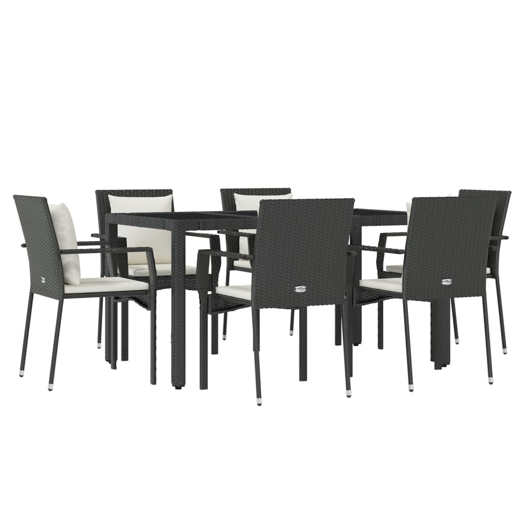 7 Piece Garden Dining Set with Cushions Black Poly Rattan