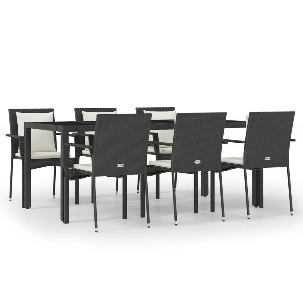 7 Piece Garden Dining Set with Cushions Black Poly Rattan