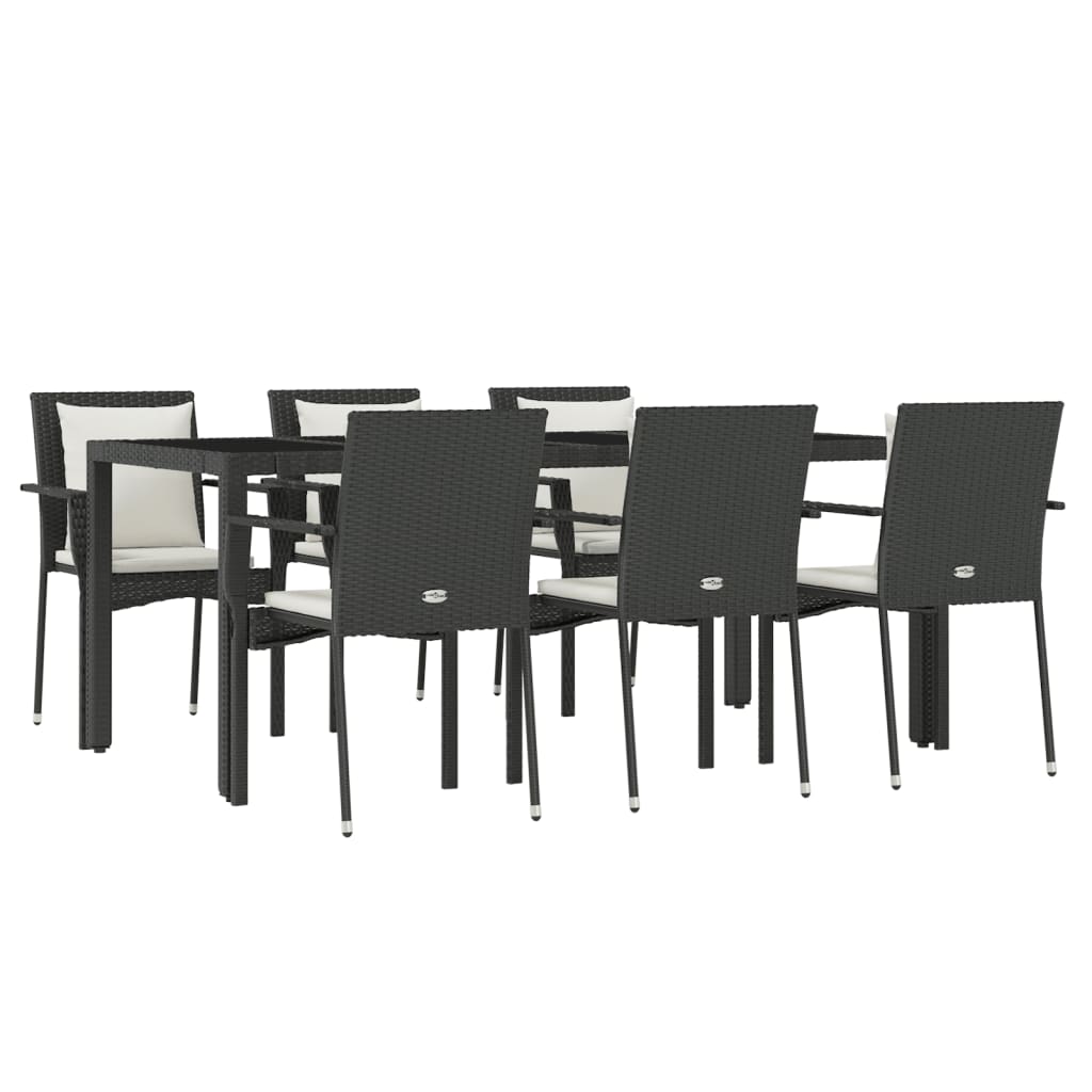 7 Piece Garden Dining Set with Cushions Black Poly Rattan