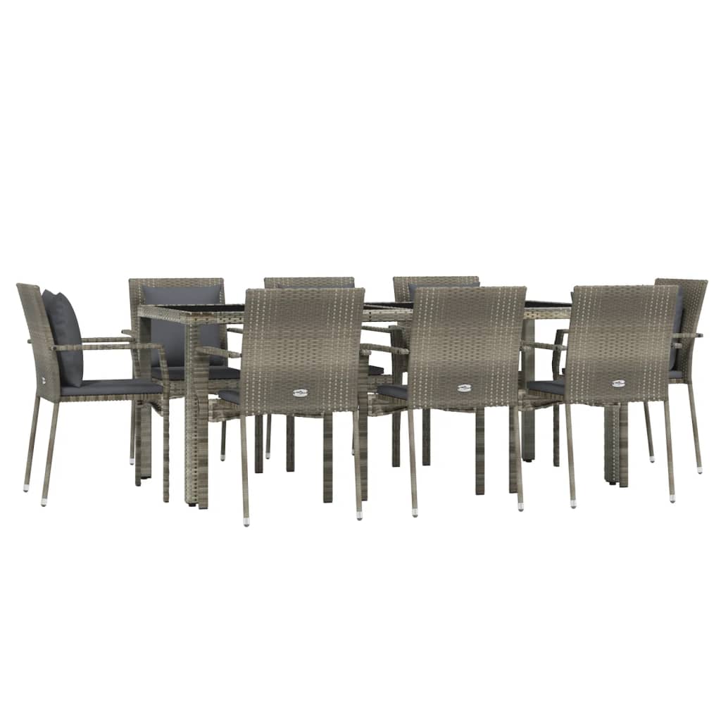 9 Piece Garden Dining Set with Cushions Grey Poly Rattan