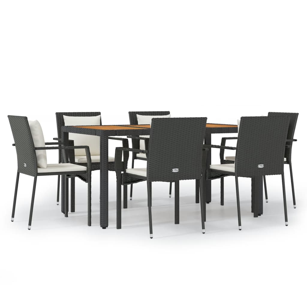 7 Piece Garden Dining Set with Cushions Black Poly Rattan