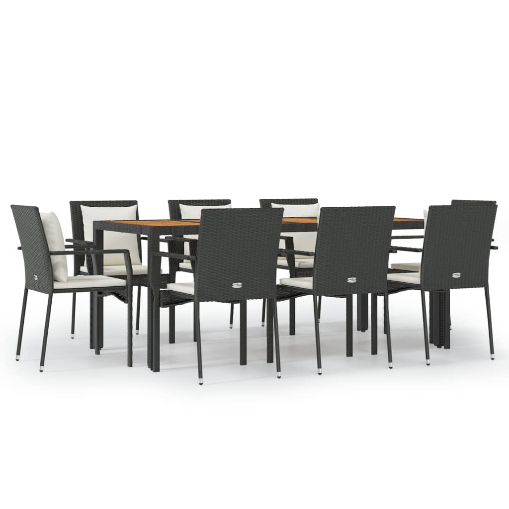 9 Piece Garden Dining Set with Cushions Black Poly Rattan