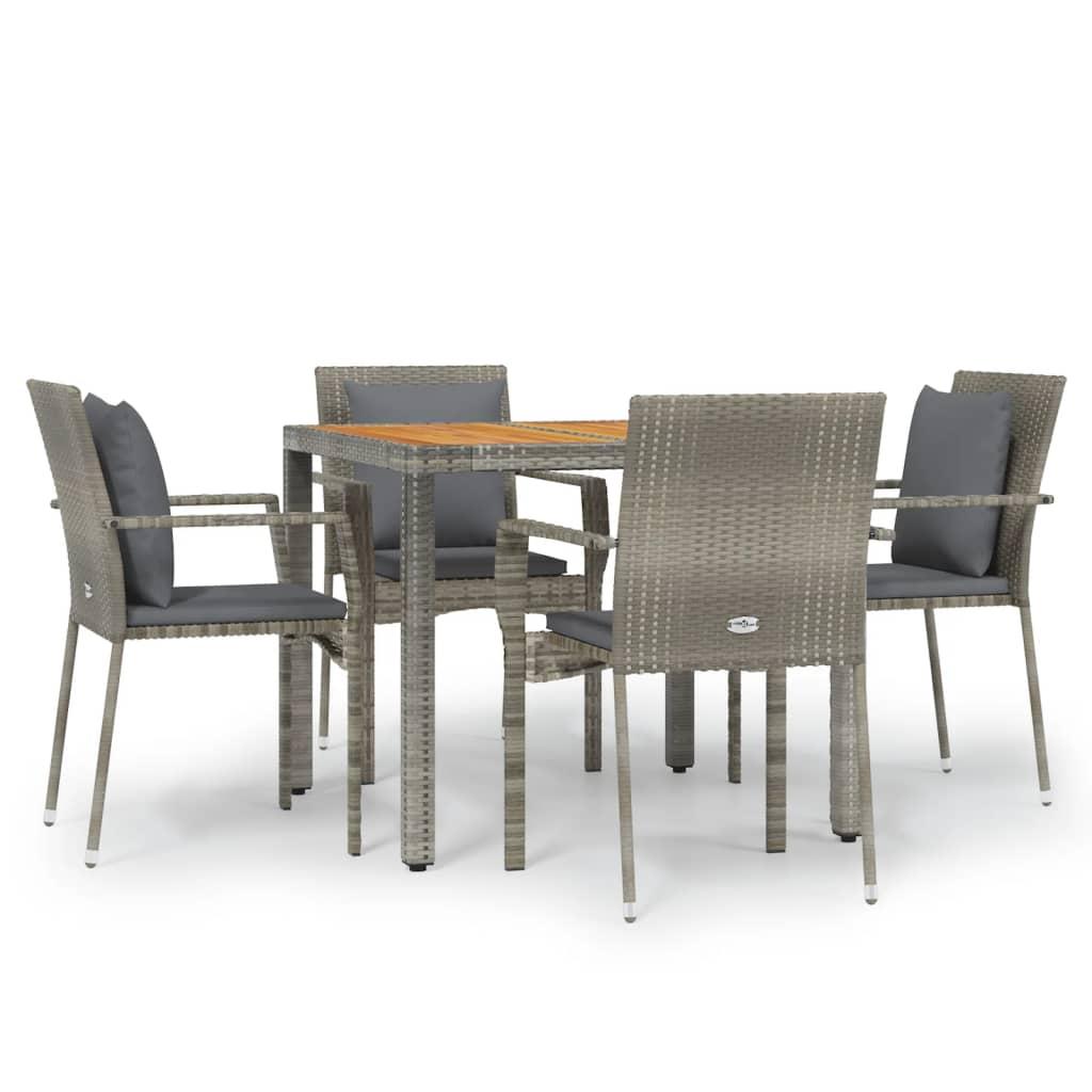 5 Piece Garden Dining Set with Cushions Grey Poly Rattan