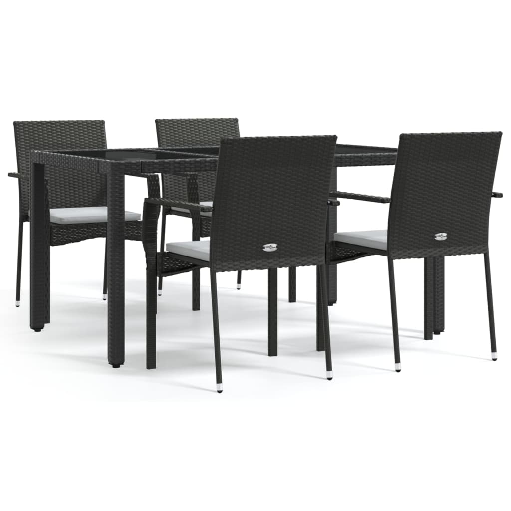 5 Piece Garden Dining Set with Cushions Black Poly Rattan