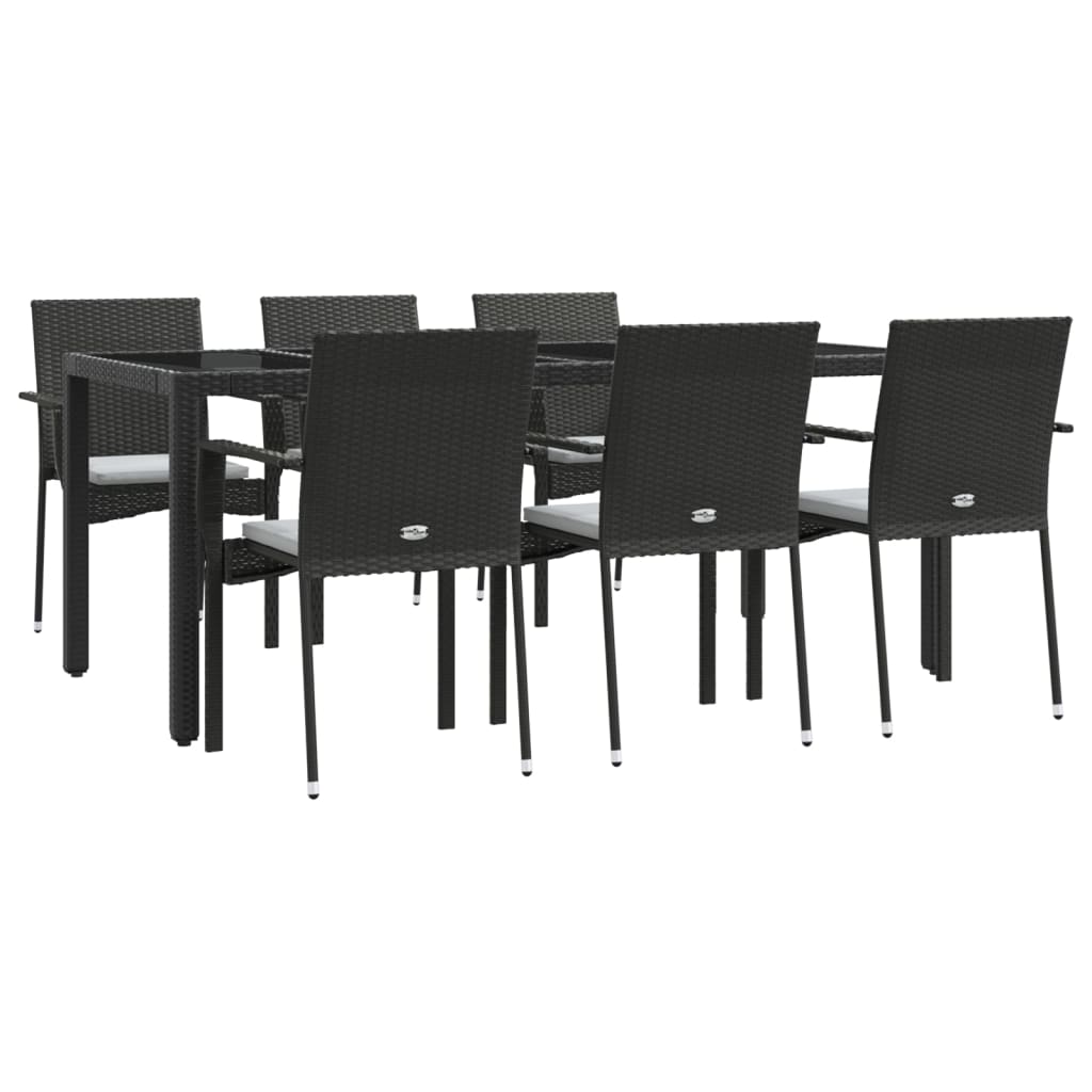 7 Piece Garden Dining Set with Cushions Black Poly Rattan