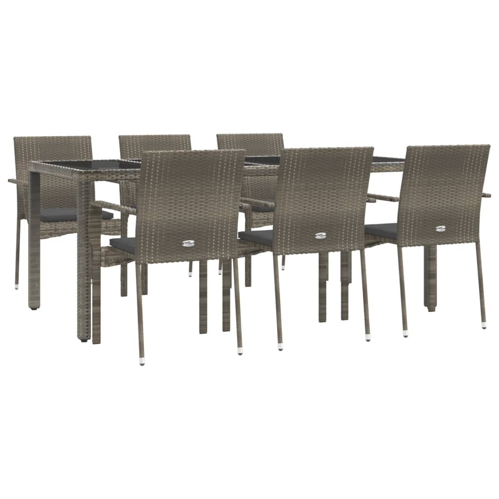 7 Piece Garden Dining Set with Cushions Grey Poly Rattan