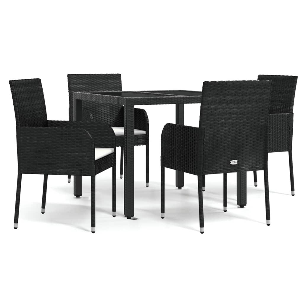 5 Piece Garden Dining Set with Cushions Black Poly Rattan