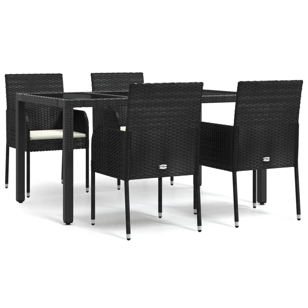 5 Piece Garden Dining Set with Cushions Black Poly Rattan