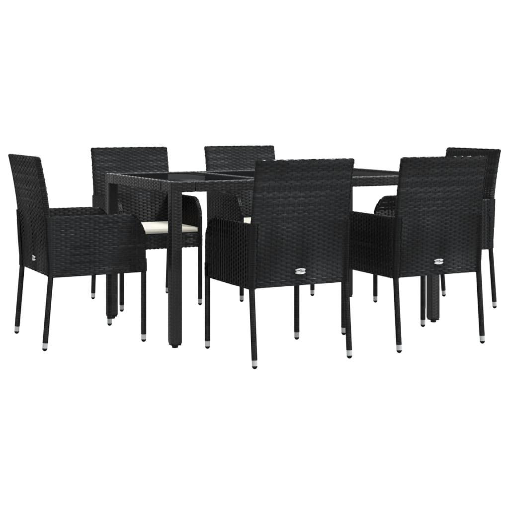7 Piece Garden Dining Set with Cushions Black Poly Rattan