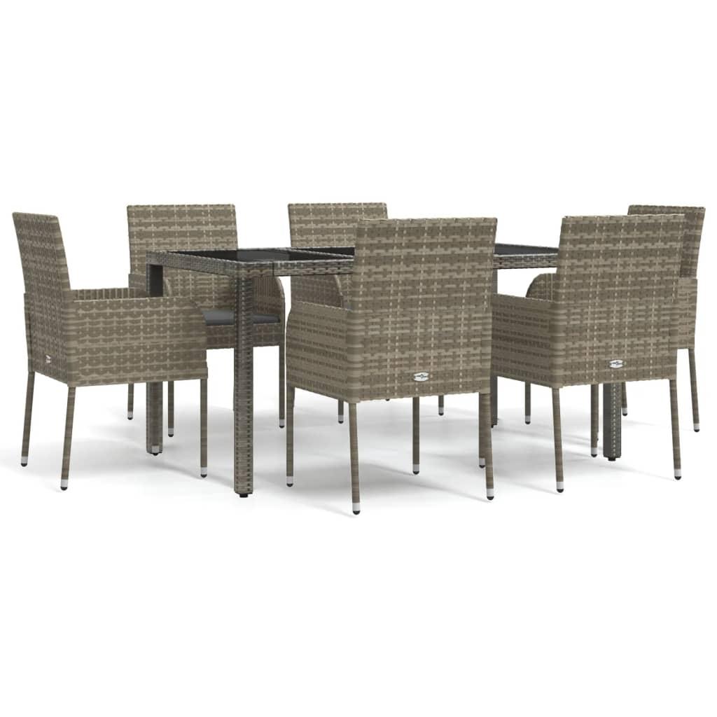 7 Piece Garden Dining Set with Cushions Grey Poly Rattan