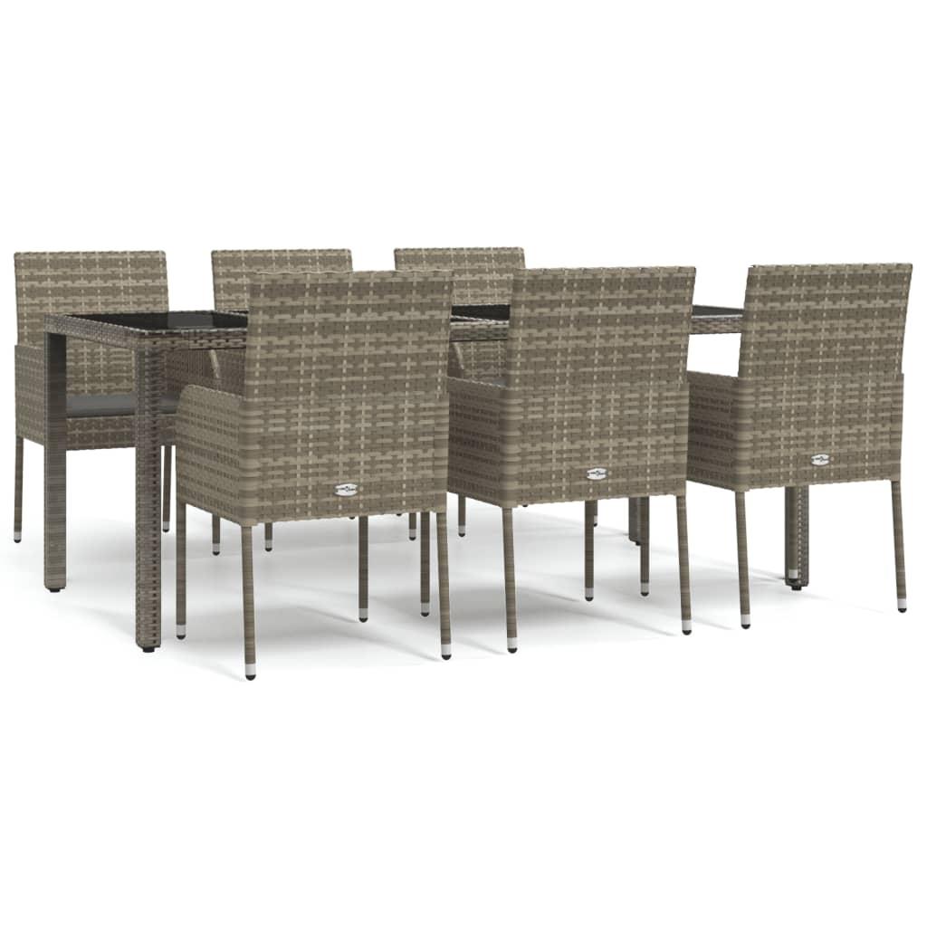 7 Piece Garden Dining Set with Cushions Grey Poly Rattan
