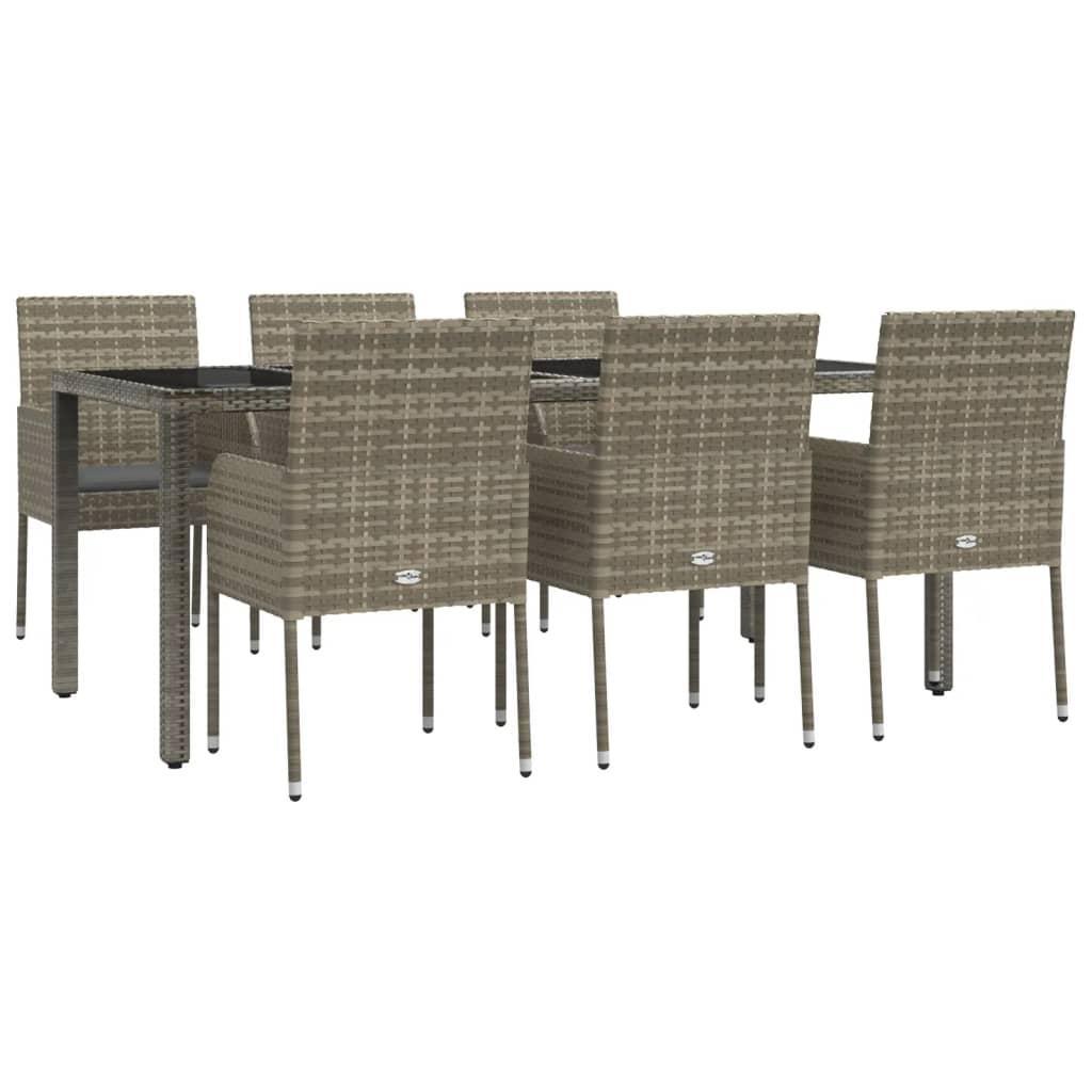 7 Piece Garden Dining Set with Cushions Grey Poly Rattan