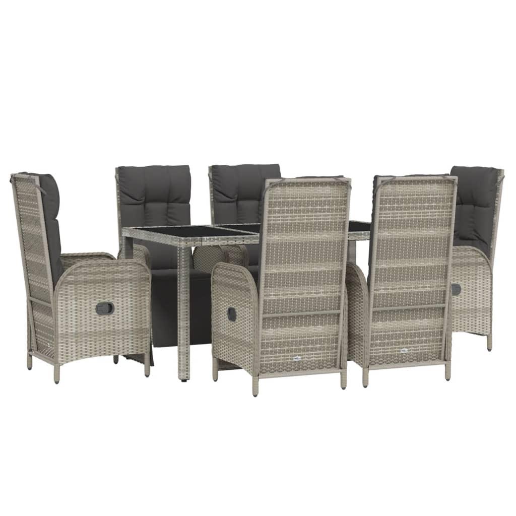 7 Piece Garden Dining Set with Cushions Grey Poly Rattan