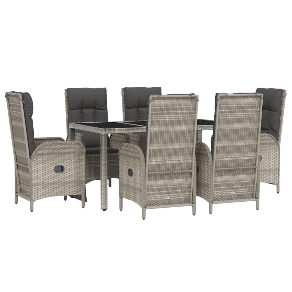 7 Piece Garden Dining Set with Cushions Grey Poly Rattan