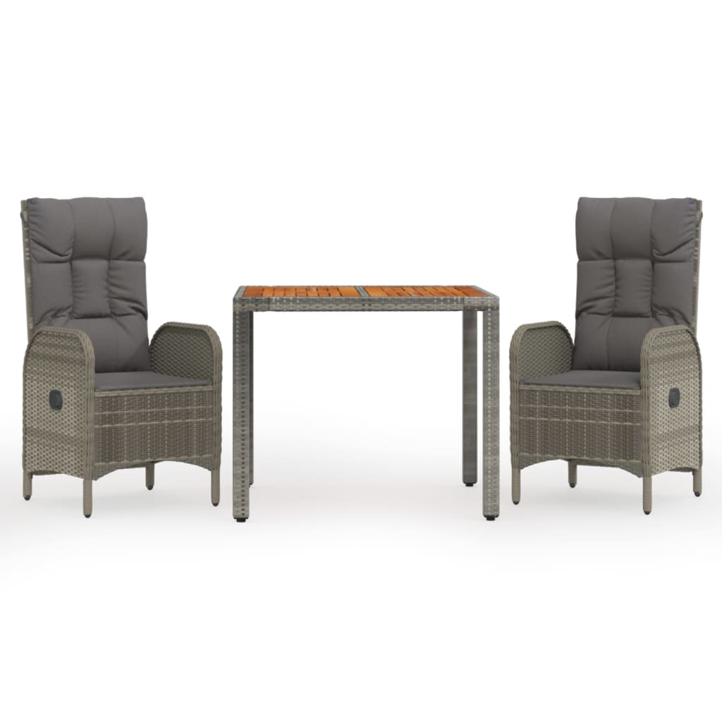 3 Piece Garden Dining Set with Cushions Grey Poly Rattan