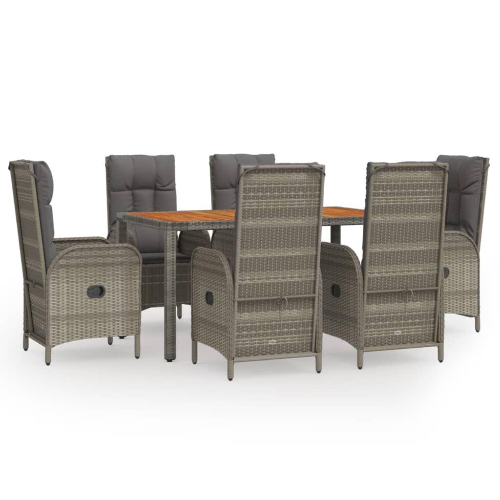 7 Piece Garden Dining Set with Cushions Grey Poly Rattan