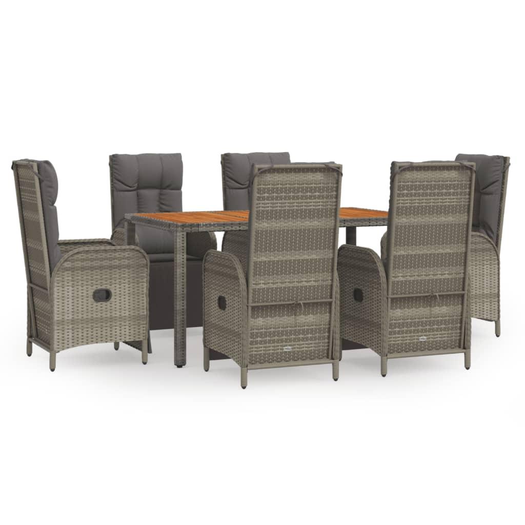 7 Piece Garden Dining Set with Cushions Grey Poly Rattan