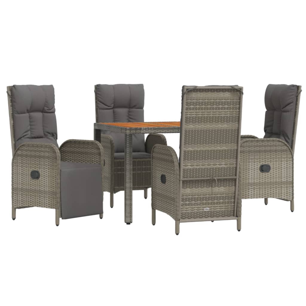 5 Piece Garden Dining Set with Cushions Grey Poly Rattan