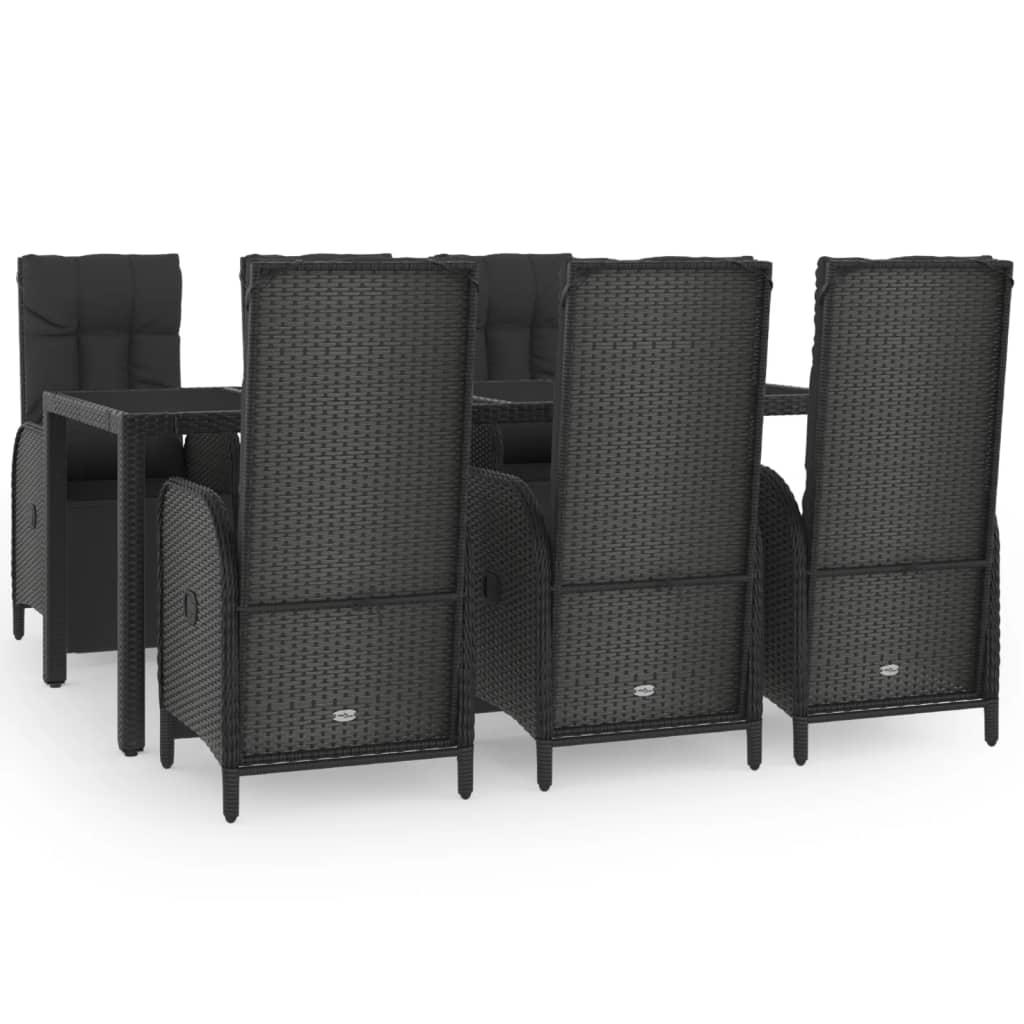 7 Piece Garden Dining Set with Cushions Black Poly Rattan