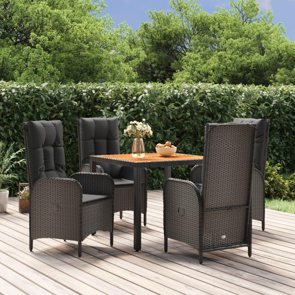 5 Piece Garden Dining Set with Cushions Black Poly Rattan