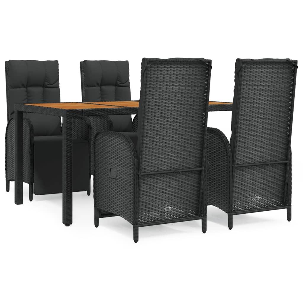5 Piece Garden Dining Set with Cushions Black Poly Rattan