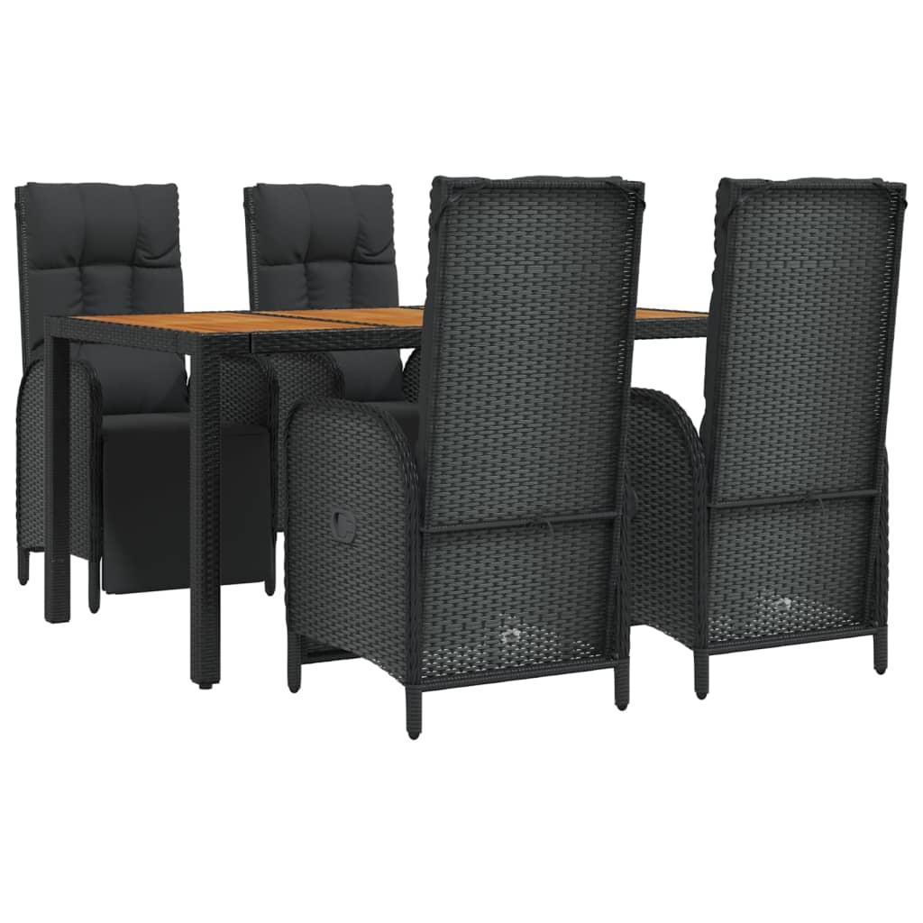 5 Piece Garden Dining Set with Cushions Black Poly Rattan